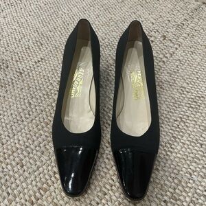 Salvatore Ferragamo Black Satin Pumps with Patent Cap Toe